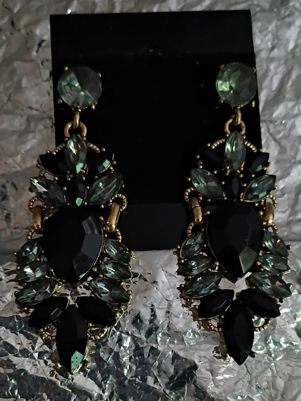 Gold-Tone Green and Black Crystal Drop Earrings